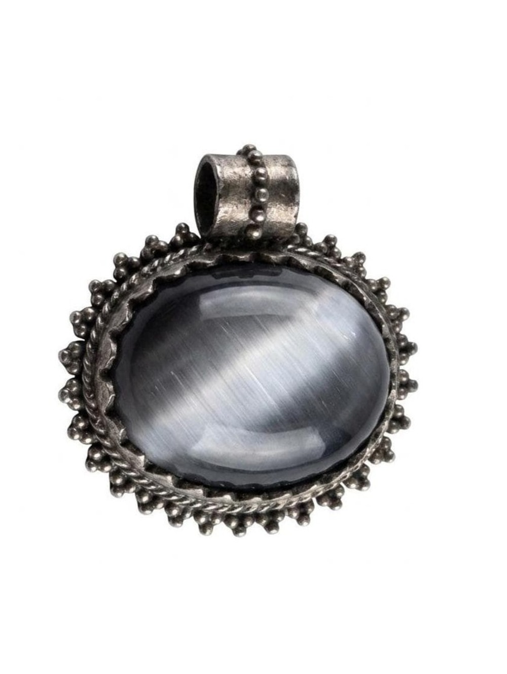 Vintage Gray Cat's Eye Pendant, Oxidized Silver Boho , Hematite Quartz Crystal